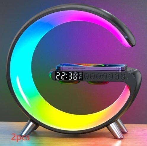 DRAVEQ G-shape atmosphere lamp with wireless charging, Bluetooth speaker, and digital clock in black finish
