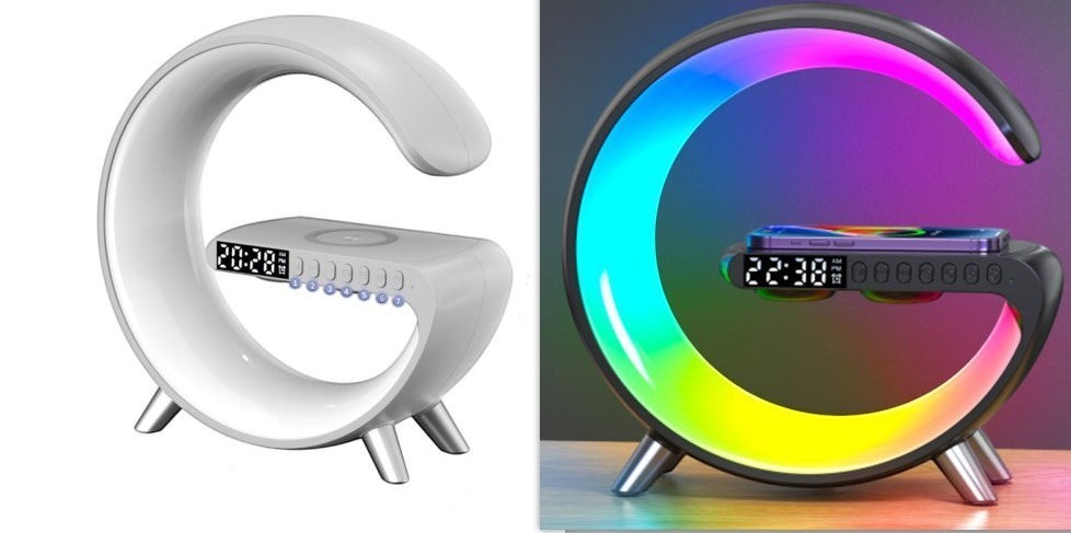 DRAVEQ G-shape atmosphere lamp with wireless charging, digital clock, and vibrant RGB LED lighting effects.