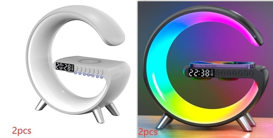 DRAVEQ G-shape atmosphere lamp with wireless charging, Bluetooth speaker, and digital clock in white and black