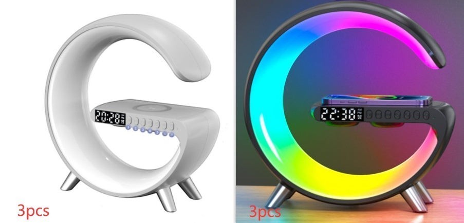 DRAVEQ G-shape atmosphere lamp with wireless charging, Bluetooth speaker, and digital clock in white and black